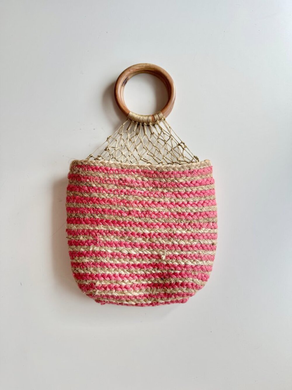 NANETTE LEPORE Clementine Natural Pink Striped Jute Wood Top Handle Bucket Bag